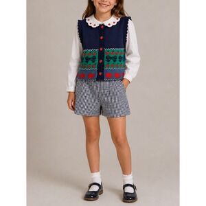 NEW Vtg Hartstrings Girl Navy Apple Knit Vest Blouse Gingham Skirt 3 Pc Set Sz 8
